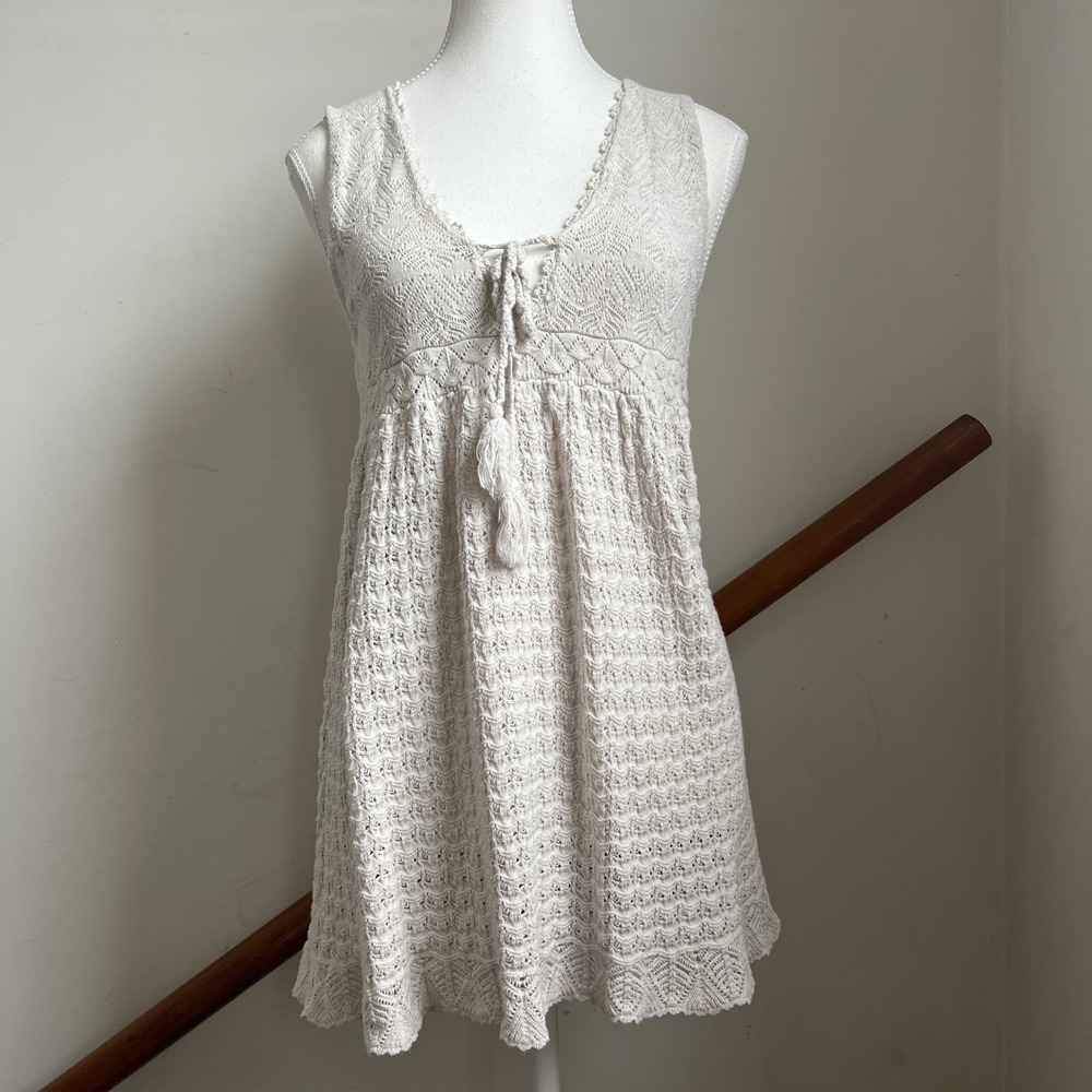 Y2K Crochet Babydoll Top Off White Cotton Pointelle Knit Boho Empire Waist Tie